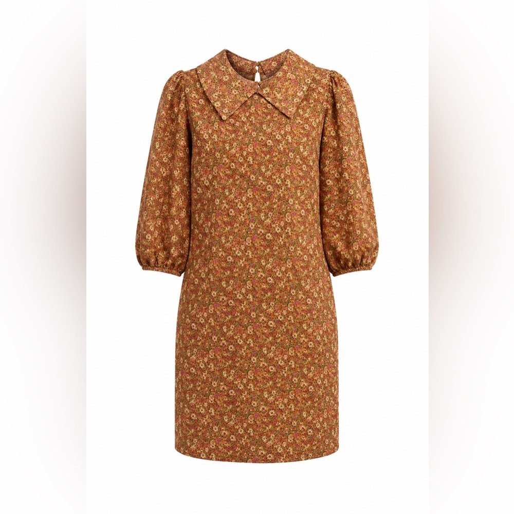 MELLODAY Floral Puff-Sleeve Mini Dress | Mustard and Rust | NWT, sz XS